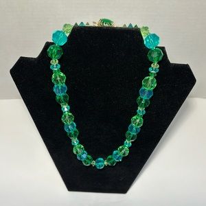 Hong Kong VTG Beaded Necklace 20.5” Blue Green Faceted Costume BeachyJewelry